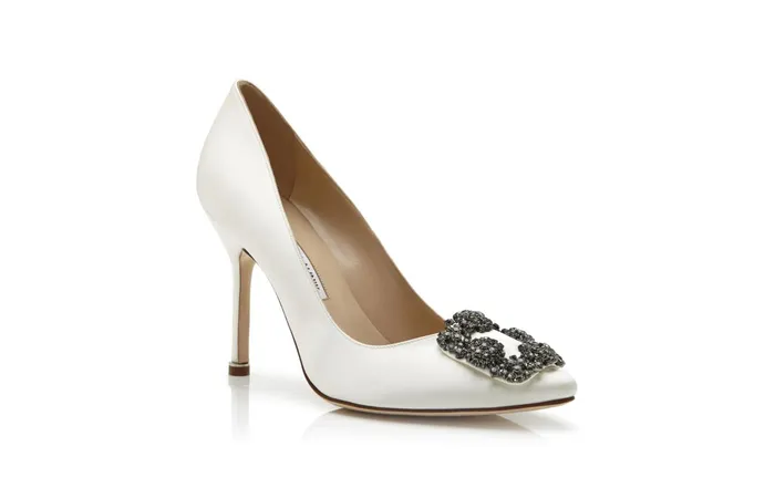 Women Dress Shoes Manolo Blahnik HANGISI White Satin Jewel Buckle Pumps