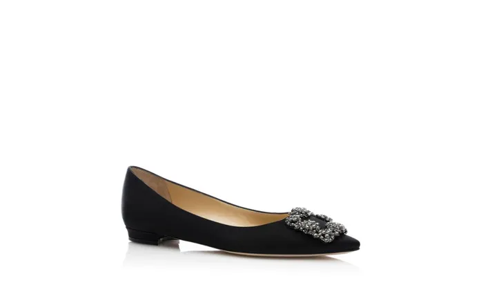Women Dress Shoes Manolo Blahnik HANGISIFLAT Black Satin Jewel Buckle Flat Shoes Women Dress Shoes Manolo Blahnik HANGISIFLAT Black Satin Jewel Buckle Flat Shoes