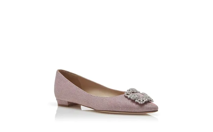Women Dress Shoes Manolo Blahnik HANGISIFLAT GLITTER Pink Glitter Fabric Jewel Buckle Flat Shoes Women Dress Shoes Manolo Blahnik HANGISIFLAT GLITTER Pink Glitter Fabric Jewel Buckle Flat Shoes