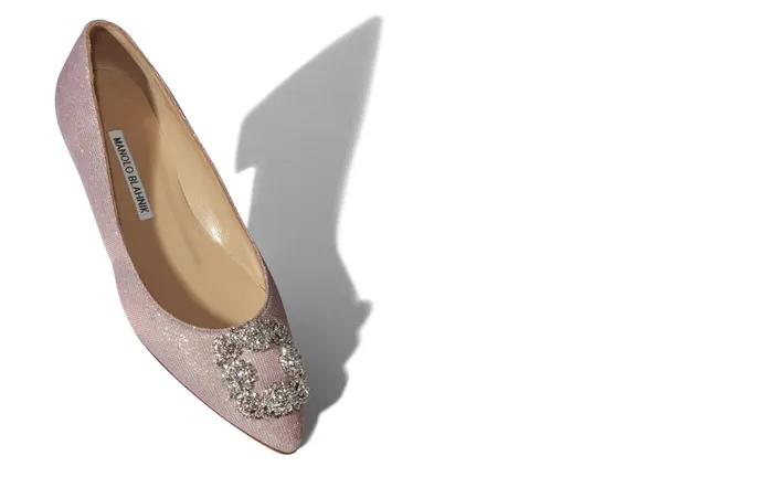 Women Dress Shoes Manolo Blahnik HANGISIFLAT GLITTER Pink Glitter Fabric Jewel Buckle Flat Shoes Women Dress Shoes Manolo Blahnik HANGISIFLAT GLITTER Pink Glitter Fabric Jewel Buckle Flat Shoes