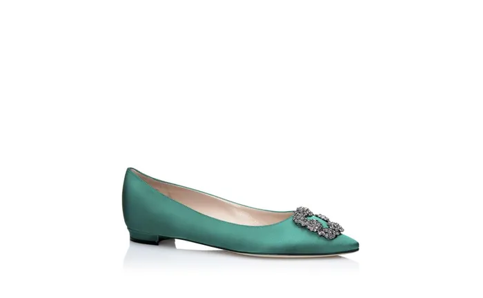 Women Dress Shoes Manolo Blahnik HANGISIFLAT Green Satin Jewel Buckle Flat Shoes Women Dress Shoes Manolo Blahnik HANGISIFLAT Green Satin Jewel Buckle Flat Shoes