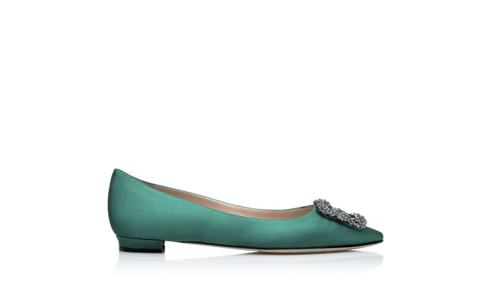 Women Dress Shoes Manolo Blahnik HANGISIFLAT Green Satin Jewel Buckle Flat Shoes Women Dress Shoes Manolo Blahnik HANGISIFLAT Green Satin Jewel Buckle Flat Shoes