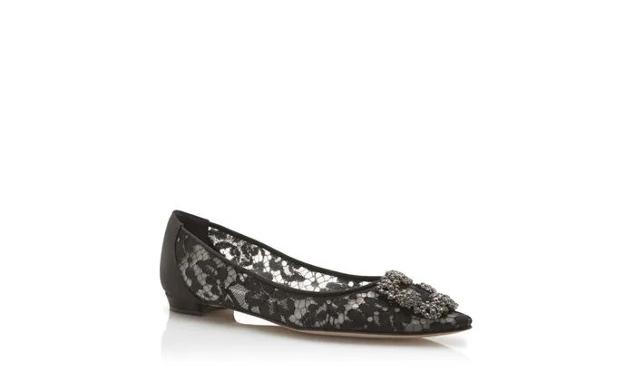 Women Dress Shoes Manolo Blahnik HANGISIFLAT LACE Black Lace Jewel Buckle Flat Shoes Women Dress Shoes Manolo Blahnik HANGISIFLAT LACE Black Lace Jewel Buckle Flat Shoes