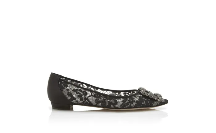 Women Dress Shoes Manolo Blahnik HANGISIFLAT LACE Black Lace Jewel Buckle Flat Shoes Women Dress Shoes Manolo Blahnik HANGISIFLAT LACE Black Lace Jewel Buckle Flat Shoes