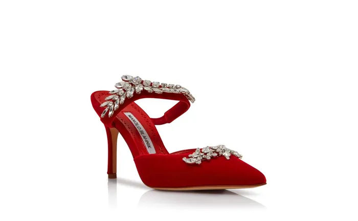 Women Dress Shoes Manolo Blahnik LURUM VELVET Red Velvet Crystal Embellished Mules Women Dress Shoes Manolo Blahnik LURUM VELVET Red Velvet Crystal Embellished Mules