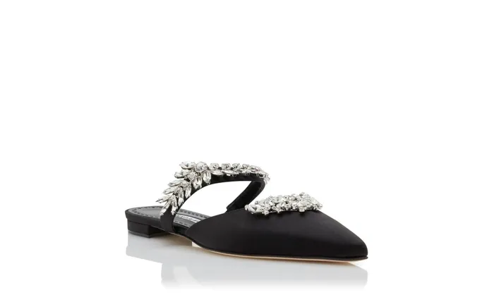 Women Dress Shoes Manolo Blahnik LURUMFLAT Black Satin Crystal Embellished Flat Mules Women Dress Shoes Manolo Blahnik LURUMFLAT Black Satin Crystal Embellished Flat Mules