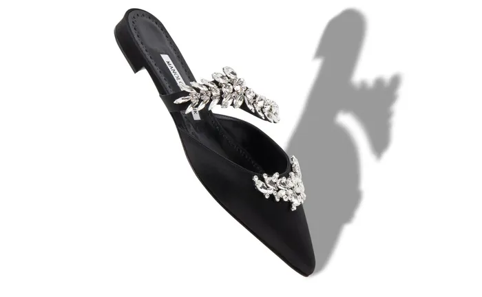 Women Dress Shoes Manolo Blahnik LURUMFLAT Black Satin Crystal Embellished Flat Mules Women Dress Shoes Manolo Blahnik LURUMFLAT Black Satin Crystal Embellished Flat Mules