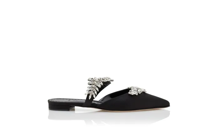 Women Dress Shoes Manolo Blahnik LURUMFLAT Black Satin Crystal Embellished Flat Mules Women Dress Shoes Manolo Blahnik LURUMFLAT Black Satin Crystal Embellished Flat Mules