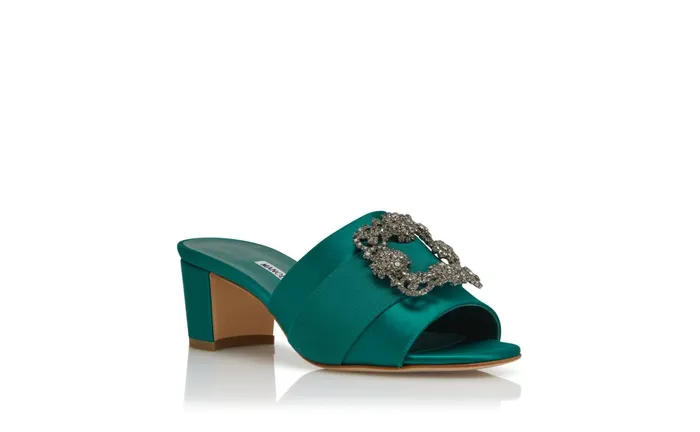 Women Dress Shoes Manolo Blahnik MARTANEW Green Satin Jewel Buckle Mules