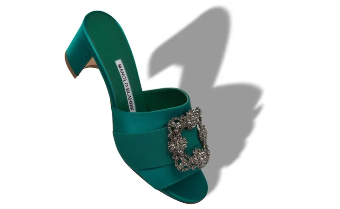 Women Dress Shoes Manolo Blahnik MARTANEW Green Satin Jewel Buckle Mules Women Dress Shoes Manolo Blahnik MARTANEW Green Satin Jewel Buckle Mules