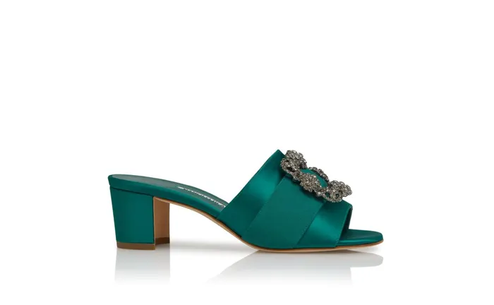 Women Dress Shoes Manolo Blahnik MARTANEW Green Satin Jewel Buckle Mules Women Dress Shoes Manolo Blahnik MARTANEW Green Satin Jewel Buckle Mules