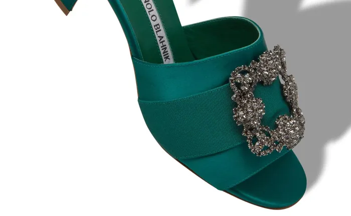 Women Dress Shoes Manolo Blahnik MARTANEW Green Satin Jewel Buckle Mules Women Dress Shoes Manolo Blahnik MARTANEW Green Satin Jewel Buckle Mules
