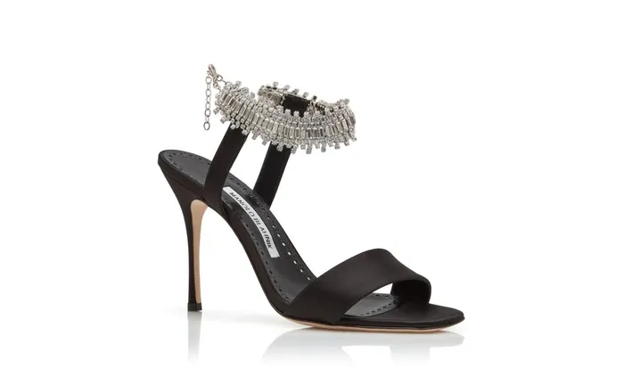 Women Dress Shoes Manolo Blahnik PARINASAN Black Satin Crystal Embellished Sandals Women Dress Shoes Manolo Blahnik PARINASAN Black Satin Crystal Embellished Sandals