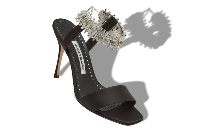 Women Dress Shoes Manolo Blahnik PARINASAN Black Satin Crystal Embellished Sandals Women Dress Shoes Manolo Blahnik PARINASAN Black Satin Crystal Embellished Sandals