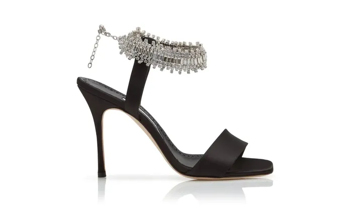 Women Dress Shoes Manolo Blahnik PARINASAN Black Satin Crystal Embellished Sandals Women Dress Shoes Manolo Blahnik PARINASAN Black Satin Crystal Embellished Sandals