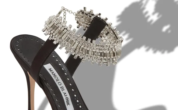 Women Dress Shoes Manolo Blahnik PARINASAN Black Satin Crystal Embellished Sandals Women Dress Shoes Manolo Blahnik PARINASAN Black Satin Crystal Embellished Sandals