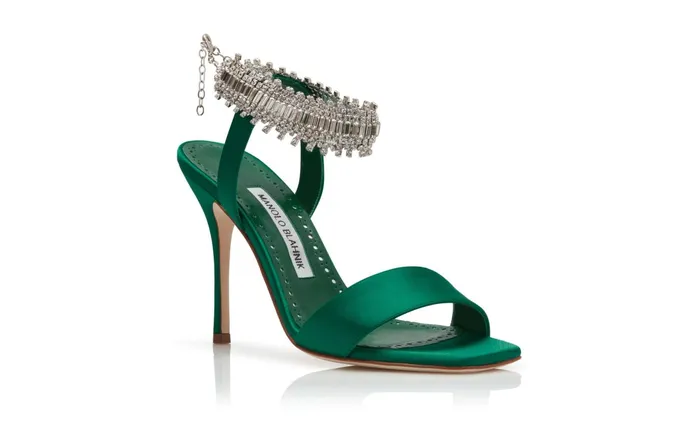 Women Dress Shoes Manolo Blahnik PARINASAN Dark Green Satin Crystal Embellished Sandals Women Dress Shoes Manolo Blahnik PARINASAN Dark Green Satin Crystal Embellished Sandals