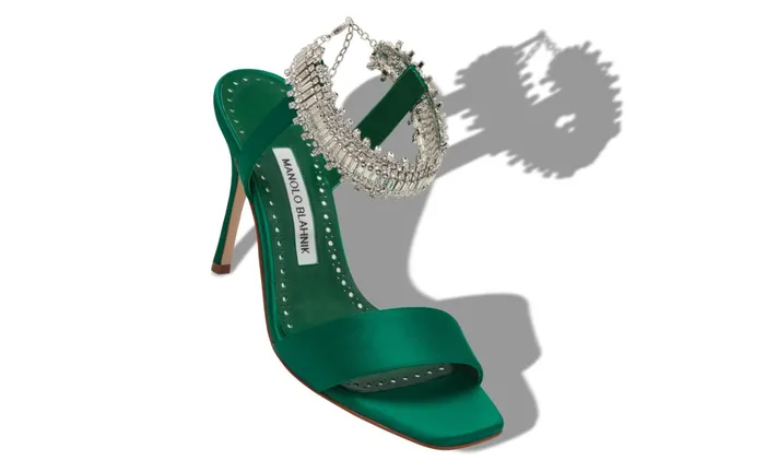 Women Dress Shoes Manolo Blahnik PARINASAN Dark Green Satin Crystal Embellished Sandals Women Dress Shoes Manolo Blahnik PARINASAN Dark Green Satin Crystal Embellished Sandals