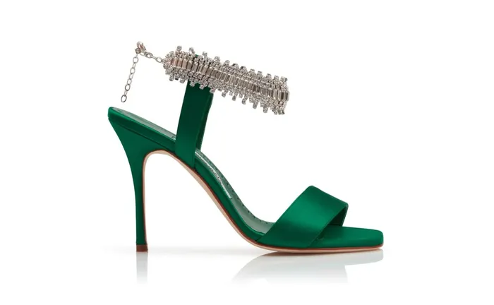 Women Dress Shoes Manolo Blahnik PARINASAN Dark Green Satin Crystal Embellished Sandals Women Dress Shoes Manolo Blahnik PARINASAN Dark Green Satin Crystal Embellished Sandals