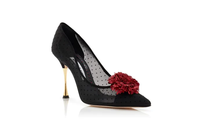 Women Dress Shoes Manolo Blahnik SOHEMIAS Black Mesh Polka Dot Pumps