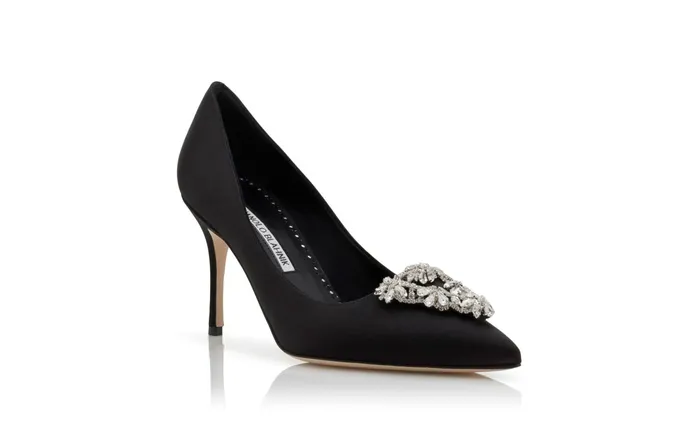Women Dress Shoes Manolo Blahnik TRINA Black Satin Triangular Embellished Pumps Women Dress Shoes Manolo Blahnik TRINA Black Satin Triangular Embellished Pumps