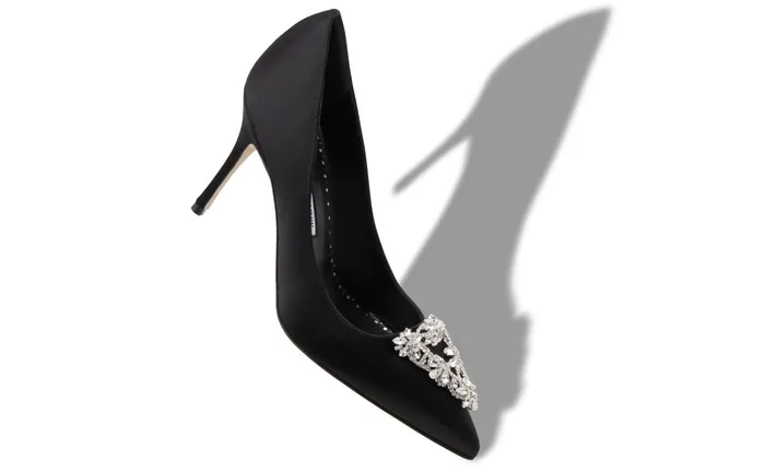 Women Dress Shoes Manolo Blahnik TRINA Black Satin Triangular Embellished Pumps Women Dress Shoes Manolo Blahnik TRINA Black Satin Triangular Embellished Pumps
