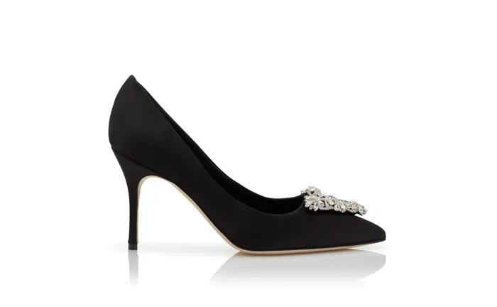 Women Dress Shoes Manolo Blahnik TRINA Black Satin Triangular Embellished Pumps Women Dress Shoes Manolo Blahnik TRINA Black Satin Triangular Embellished Pumps