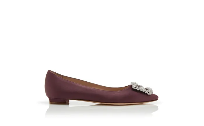 Women Flats Manolo Blahnik HANGISIFLAT Dark Purple Satin Jewel Buckle Flat Shoes Women Flats Manolo Blahnik HANGISIFLAT Dark Purple Satin Jewel Buckle Flat Shoes