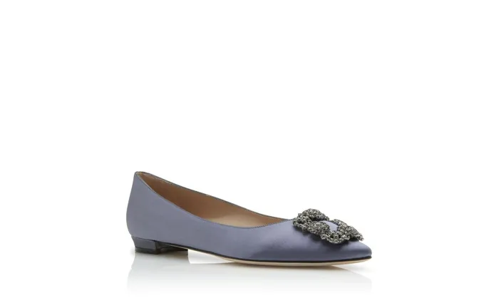 Women Flats Manolo Blahnik HANGISIFLAT Grey Satin Jewel Buckle Flat Shoes