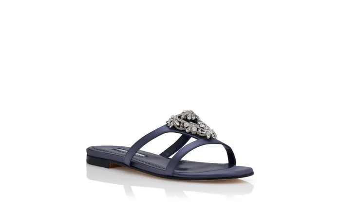 Women Flats Manolo Blahnik TRINAMUFLAT BlueGrey Satin Triangular Embellished Sandals Women Flats Manolo Blahnik TRINAMUFLAT BlueGrey Satin Triangular Embellished Sandals