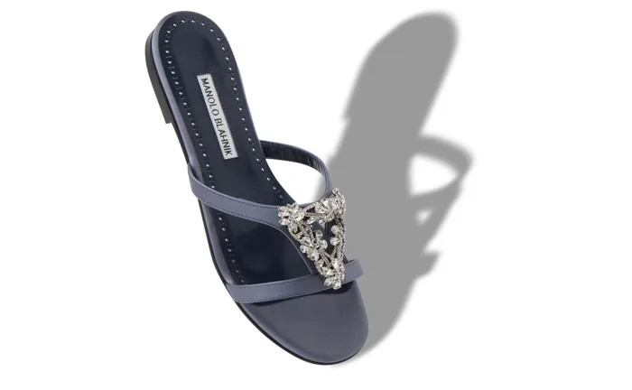 Women Flats Manolo Blahnik TRINAMUFLAT BlueGrey Satin Triangular Embellished Sandals Women Flats Manolo Blahnik TRINAMUFLAT BlueGrey Satin Triangular Embellished Sandals