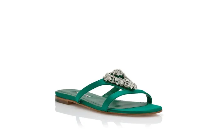 Women Flats Manolo Blahnik TRINAMUFLAT Green Satin Triangular Embellished Sandals Women Flats Manolo Blahnik TRINAMUFLAT Green Satin Triangular Embellished Sandals