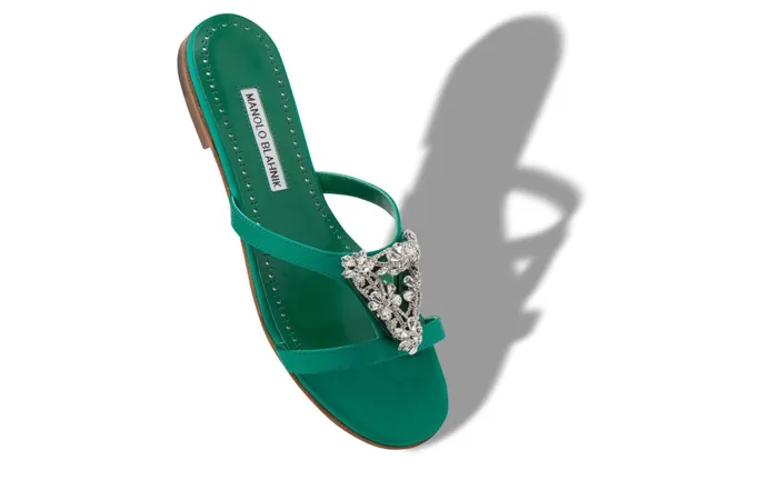 Women Flats Manolo Blahnik TRINAMUFLAT Green Satin Triangular Embellished Sandals Women Flats Manolo Blahnik TRINAMUFLAT Green Satin Triangular Embellished Sandals