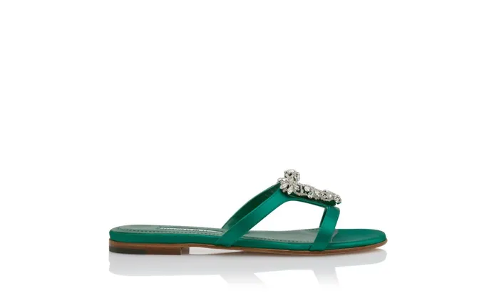 Women Flats Manolo Blahnik TRINAMUFLAT Green Satin Triangular Embellished Sandals Women Flats Manolo Blahnik TRINAMUFLAT Green Satin Triangular Embellished Sandals