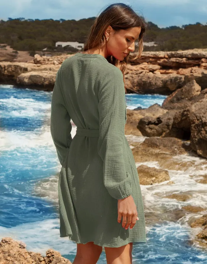 Women Green Belted Grandad Collar Cotton Crinkle Shirt Dress Green Threadbare Dresses Women Green Belted Grandad Collar Cotton Crinkle Shirt Dress Green Threadbare Dresses
