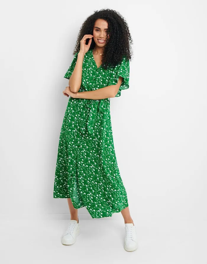 Women Green Floral Print Flutter Sleeve Midi Dress Green Threadbare Dresses