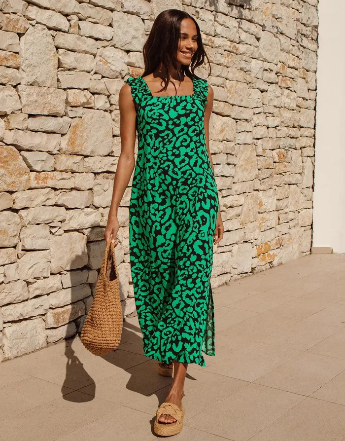 Women Green Leopard Print Maxi Dress Green Threadbare Dresses