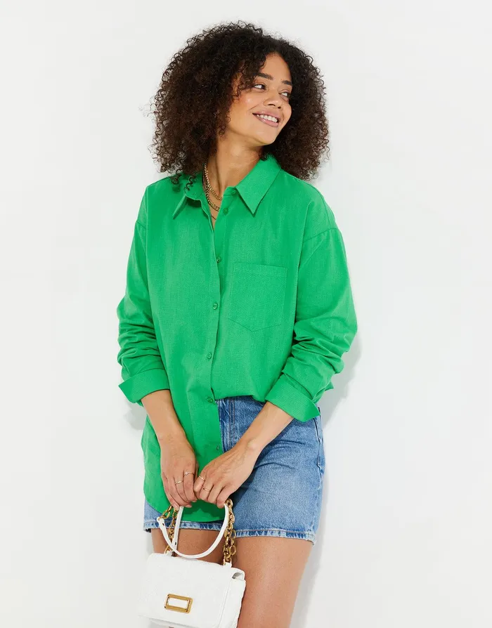 Women Green Longline Linen Look Shirt Green Threadbare Blouses and Shirts