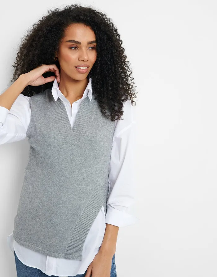Women Grey Knitted VNeck Vest Grey Threadbare Tops