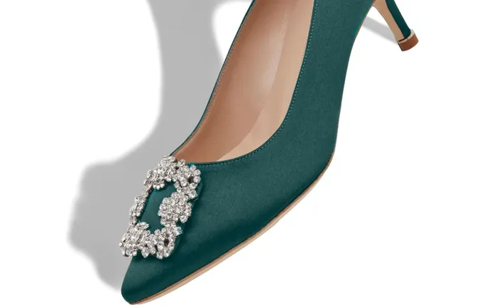 Women Hangisi Manolo Blahnik HANGISI 50 Forest Green Satin Jewel Buckle Pumps Women Hangisi Manolo Blahnik HANGISI 50 Forest Green Satin Jewel Buckle Pumps