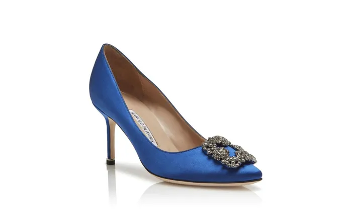 Women Hangisi Manolo Blahnik HANGISI 70 Blue Satin Jewel Buckle Pumps