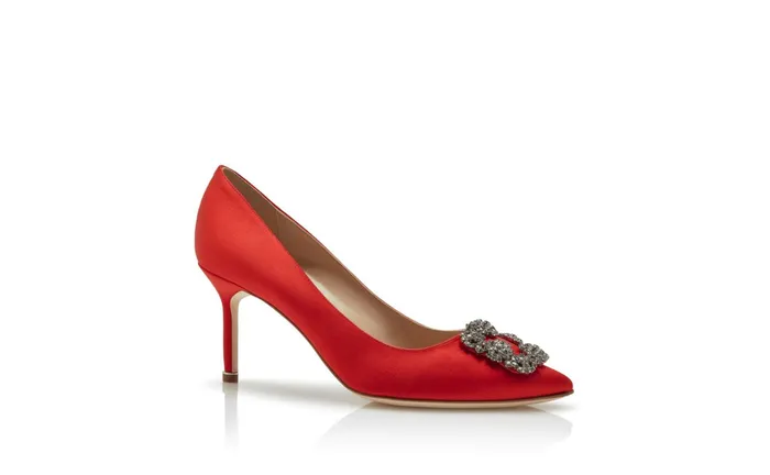 Women Hangisi Manolo Blahnik HANGISI 70 Red Satin Jewel Buckle Pumps