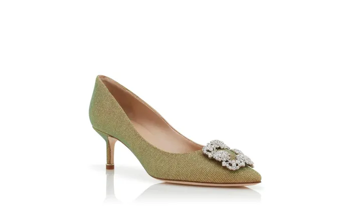Women Hangisi Manolo Blahnik HANGISI GLITTER 50 Gold Glitter Fabric Jewel Buckle Pumps Women Hangisi Manolo Blahnik HANGISI GLITTER 50 Gold Glitter Fabric Jewel Buckle Pumps