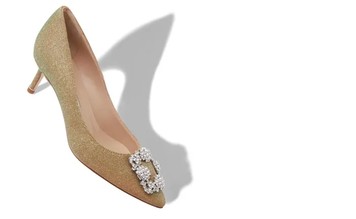Women Hangisi Manolo Blahnik HANGISI GLITTER 50 Gold Glitter Fabric Jewel Buckle Pumps Women Hangisi Manolo Blahnik HANGISI GLITTER 50 Gold Glitter Fabric Jewel Buckle Pumps