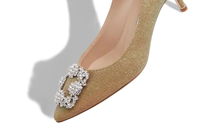 Women Hangisi Manolo Blahnik HANGISI GLITTER 50 Gold Glitter Fabric Jewel Buckle Pumps Women Hangisi Manolo Blahnik HANGISI GLITTER 50 Gold Glitter Fabric Jewel Buckle Pumps