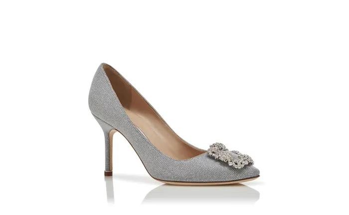 Women Hangisi Manolo Blahnik HANGISI GLITTER 90 Silver Glitter Fabric Jewel Buckle Pumps Women Hangisi Manolo Blahnik HANGISI GLITTER 90 Silver Glitter Fabric Jewel Buckle Pumps