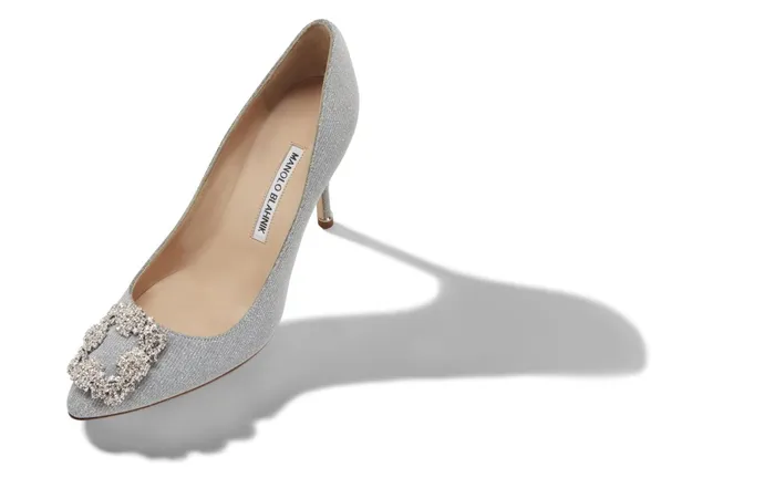 Women Hangisi Manolo Blahnik HANGISI GLITTER 90 Silver Glitter Fabric Jewel Buckle Pumps