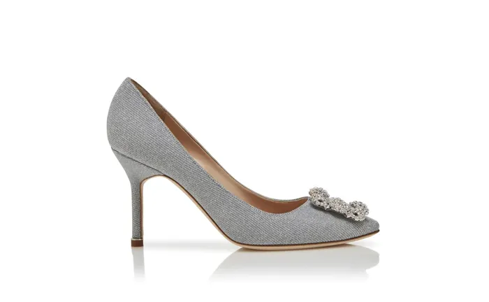 Women Hangisi Manolo Blahnik HANGISI GLITTER 90 Silver Glitter Fabric Jewel Buckle Pumps
