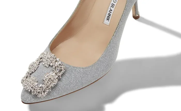 Women Hangisi Manolo Blahnik HANGISI GLITTER 90 Silver Glitter Fabric Jewel Buckle Pumps