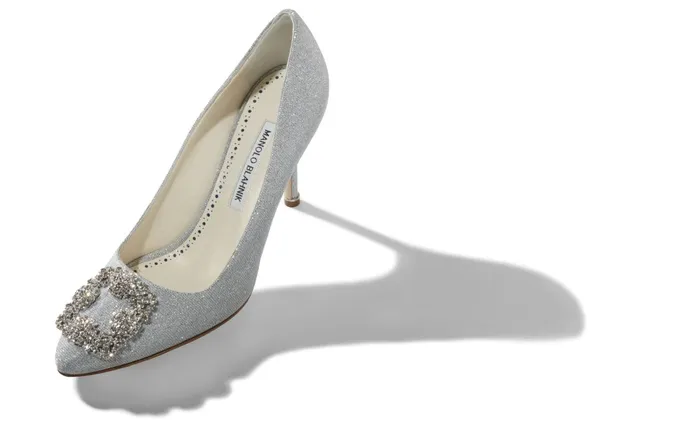 Women Hangisi Manolo Blahnik HANGISI GLITTER BRIDE Silver Glitter Fabric Jewel Buckle Pumps